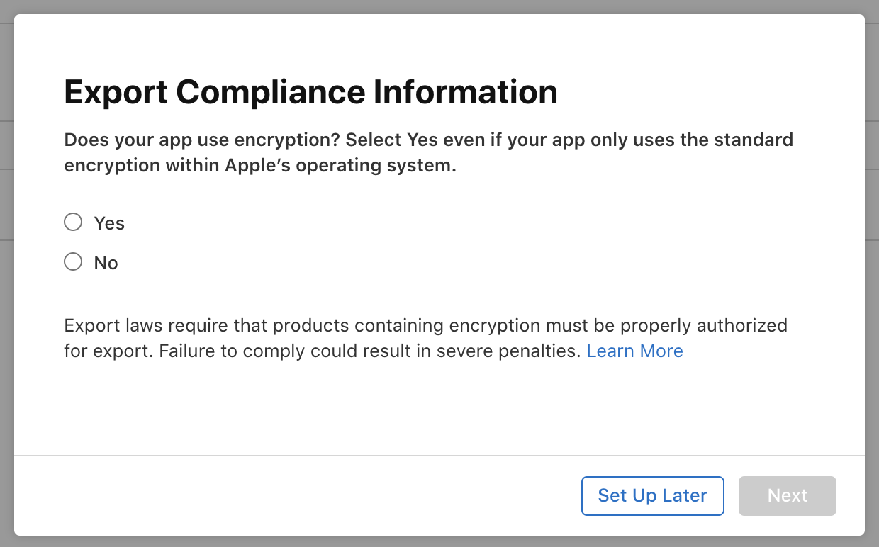 Publishing process on the App Store – Export Compliance Information Screen