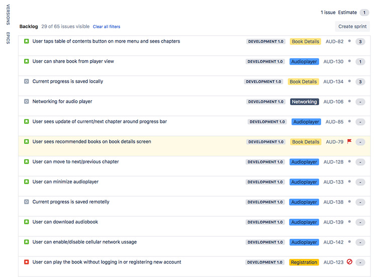 Jira Software Development Backlog View