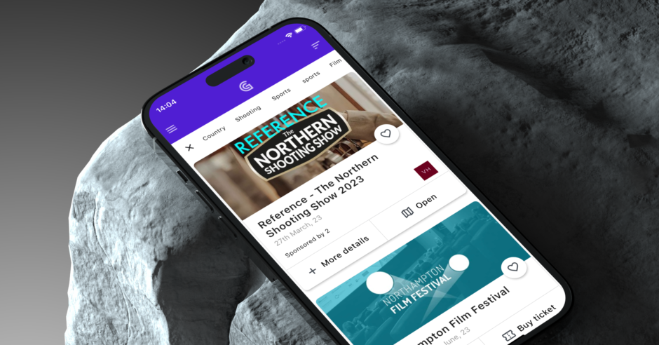 Gyder app showing 'Northern Shooting Show' and 'Northampton Film Festival' events with navigation options.