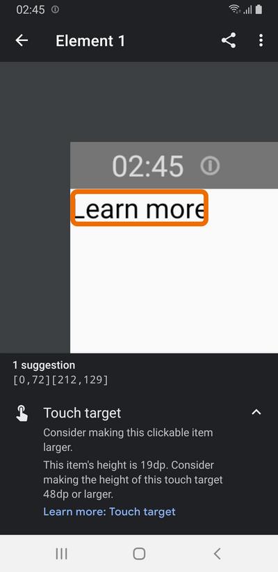 Too small touch area detected by Accessibility Scanner.